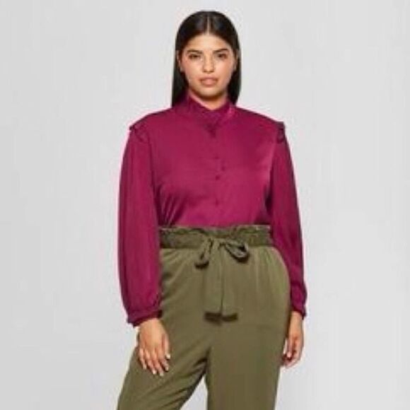 2/$30 Who What Wear Long Sleeved Silky Ruffle plum - Picture 1 of 8